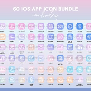 May include: A set of 60 iOS app icons in a pastel color scheme. The icons are outlined in white and feature popular apps such as Airbnb, Amazon, App Store, Bank, Calculator, Calendar, Camera, Clock, Coffee, Contacts, Discord, Disney+, E-mail, Etsy, Facebook, FaceTime, Messenger, Find My iPhone, Fitness, Flights, Food Delivery, Google Chrome, Google Drive, Groceries, Health, Hulu, iMessage, Instagram, LinkedIn, Maps, Music, Netflix, News, Notes, Pandora, Phone, Photo Editing, Photos, Pinterest, Podcast, Reading, Reminders, Ride Share, Safari, Settings, Shopping, Sleep, Snapchat, Spotify, TikTok, Twitter, Uber, Venmo, Voice Memo, VSCO, Wallet, Weather, Yelp, Yoga/Meditation, and YouTube.