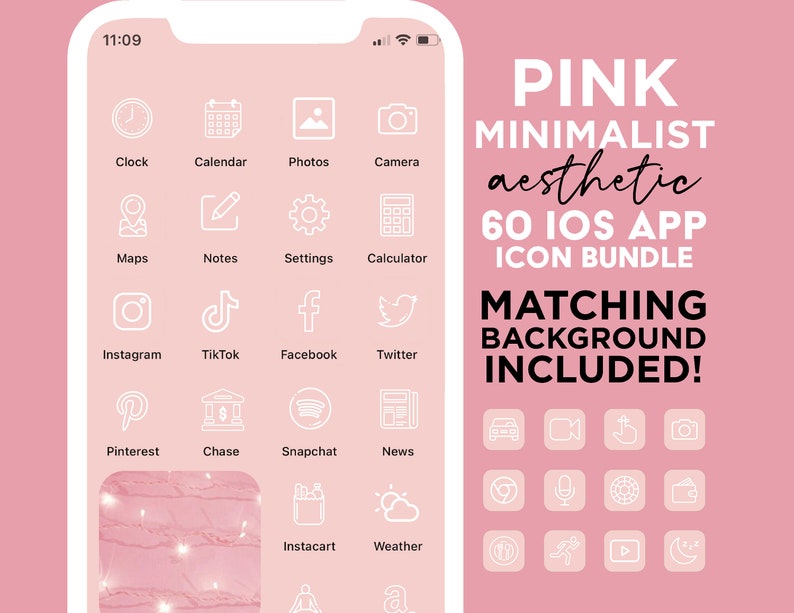 Puede incluir: Una pantalla de tel&eacute;fono rosa con 60 iconos de contorno blanco para aplicaciones populares. Los iconos est&aacute;n dispuestos en una cuadr&iacute;cula. El texto "PINK MINIMALIST aesthetic 60 IOS APP ICON BUNDLE MATCHING BACKGROUND INCLUDED!" se muestra en texto blanco sobre un fondo rosa.