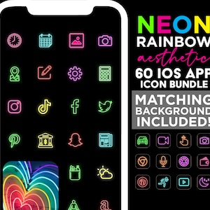 Pack iCon iOS 14 App | Rainbow Neon Aesthetic iOS 14 Icons | iPhone Icon Pack Néon | 60 pochettes d’applications Pack Bundle