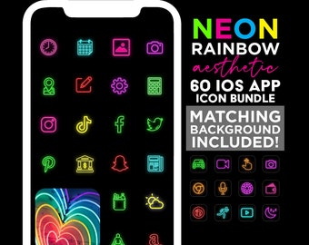 Puede incluir: Un conjunto de 60 iconos de aplicaciones iOS estéticos de arcoíris de neón. Los iconos están dispuestos en una cuadrícula sobre un fondo negro. Los iconos incluyen un reloj, un calendario, una foto, una cámara, una ubicación, una edición, configuraciones, una calculadora, Instagram, TikTok, Facebook, Twitter, Pinterest, un banco, Snapchat, noticias, un automóvil, una cámara de video, una mano, una cámara, un navegador, un micrófono, una brújula, una billetera, un sitio web, correr, reproducir y una luna. Los iconos están todos delineados en colores neón y tienen un degradado de arcoíris. El texto "NEON RAINBOW aesthetic 60 IOS APP ICON BUNDLE MATCHING BACKGROUND INCLUDED!" se muestra en colores neón sobre un fondo negro.