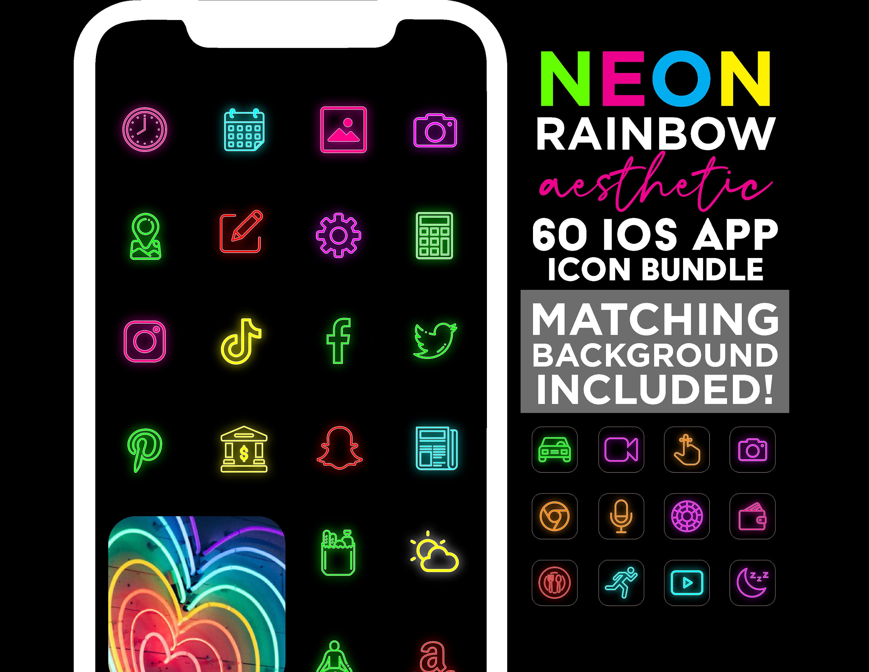 Ios 14 App Icon Pack | Rainbow Neon Aesthetic Ios 14 Icons | iPhone ...
