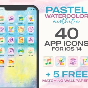 App Icons, iOS 14 Watercolor Pastel Aesthetic App Covers, Instant Download Pack of 40