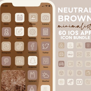 Puede incluir: Un conjunto de 60 iconos de aplicaciones iOS minimalistas de color marrón y beige. Los iconos están delineados en blanco y presentan una variedad de aplicaciones populares, que incluyen Instagram, TikTok, Facebook, Twitter, Pinterest, Chase, Snapchat, News, Instacart, Weather y más.