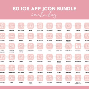 Puede incluir: Un fondo rosa con un contorno blanco de 60 iconos de aplicaciones diferentes. Los iconos est&aacute;n dispuestos en una cuadr&iacute;cula de 6 filas y 10 columnas. El texto "60 IOS APP ICON BUNDLE includes" est&aacute; en la parte superior de la imagen.
