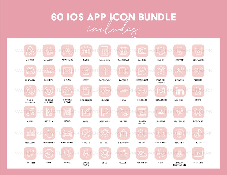 Puede incluir: Un fondo rosa con un contorno blanco de 60 iconos de aplicaciones diferentes. Los iconos est&aacute;n dispuestos en una cuadr&iacute;cula de 6 filas y 10 columnas. El texto "60 IOS APP ICON BUNDLE includes" est&aacute; en la parte superior de la imagen.