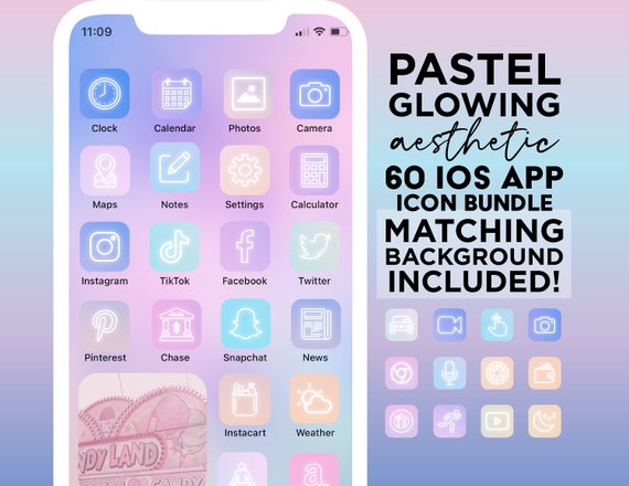 60 Pastel Aesthetic App Icons for iOS 14 | Pink, Blue, Purple iPhone Theme | Bundle of 60 App Covers for iPhone Homescreen