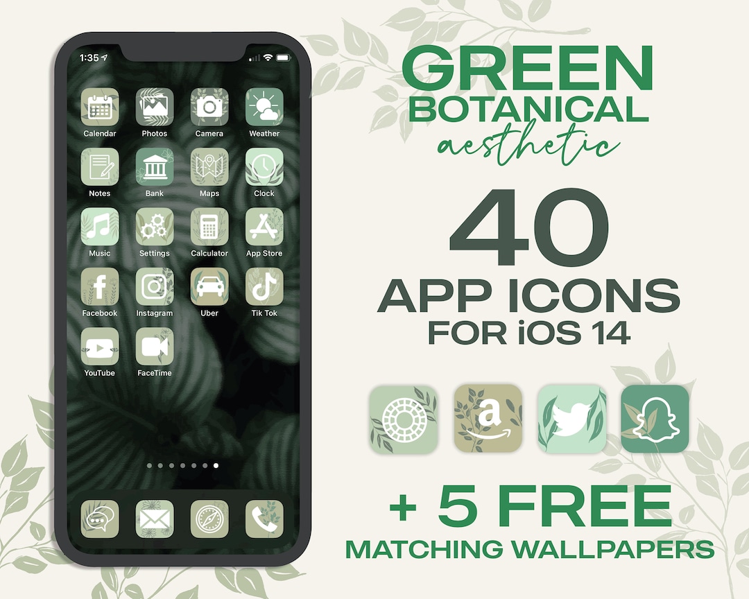 Green Botanical Floral Aesthetic iPhone Ios14 App Icons - Pack of 40