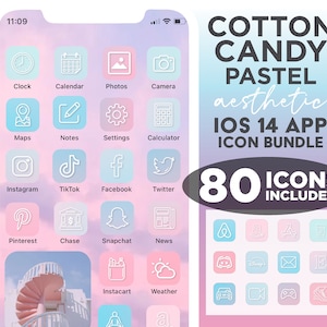 May include: A set of 80 pastel-coloured icons for iOS 14 apps. The icons feature a variety of popular apps, including Instagram, TikTok, Facebook, Twitter, Pinterest, Chase, Snapchat, News, Instacart, and Weather. The icons are designed in a minimalist style with white outlines on a pastel background.