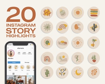 May include: Twenty Instagram story highlight icons in a desert-themed style. The icons feature various illustrations, including cacti, suns, rainbows, and moons. The icons are in a circular shape with a beige background.