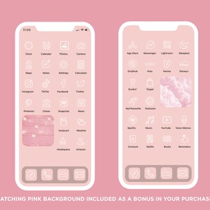 Puede incluir: Una pantalla de tel&eacute;fono rosa y blanca con 60 iconos de aplicaciones iOS en un estilo minimalista. Los iconos son contornos blancos sobre un fondo rosa. Los iconos est&aacute;n dispuestos en una cuadr&iacute;cula. El texto "60 IOS APP ICON BUNDLE" est&aacute; en la esquina superior derecha de la imagen. El texto "MATCHING PINK BACKGROUND INCLUDED AS A BONUS IN YOUR PURCHASE!" est&aacute; en la parte inferior de la imagen.