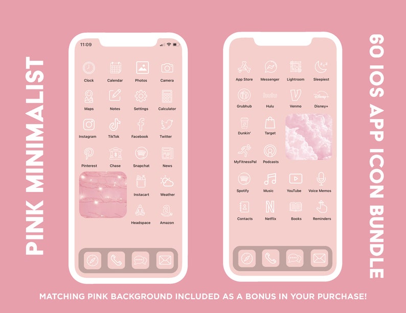 Puede incluir: Una pantalla de tel&eacute;fono rosa y blanca con 60 iconos de aplicaciones iOS en un estilo minimalista. Los iconos son contornos blancos sobre un fondo rosa. Los iconos est&aacute;n dispuestos en una cuadr&iacute;cula. El texto "60 IOS APP ICON BUNDLE" est&aacute; en la esquina superior derecha de la imagen. El texto "MATCHING PINK BACKGROUND INCLUDED AS A BONUS IN YOUR PURCHASE!" est&aacute; en la parte inferior de la imagen.