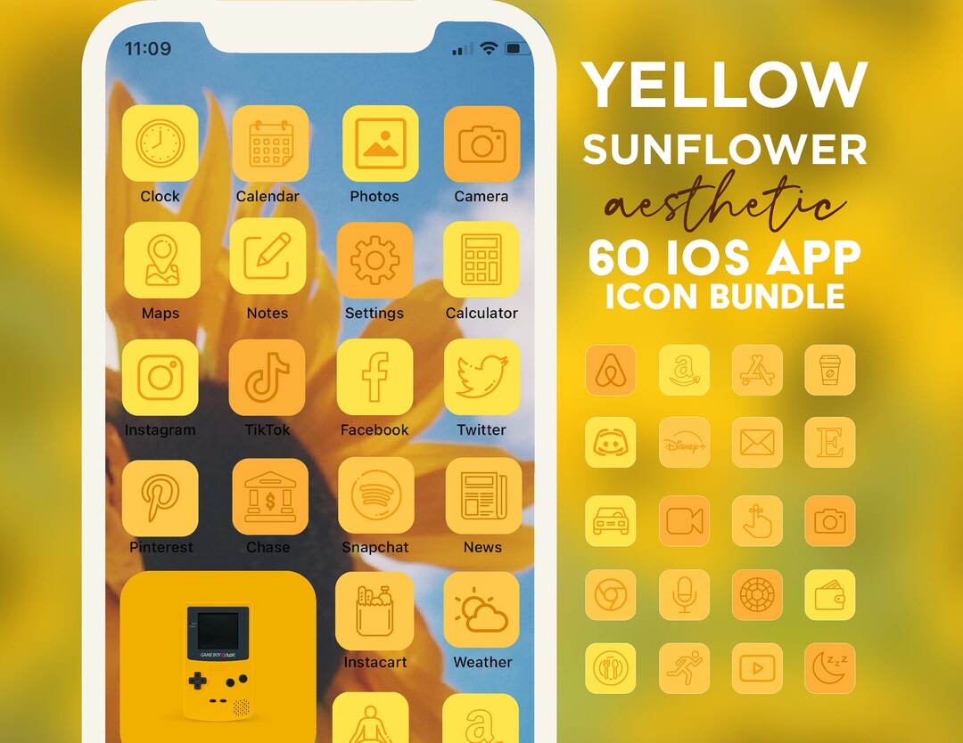 60 Yellow Aesthetic Ios 14 App Icons Sunflower Yellow and Orange App