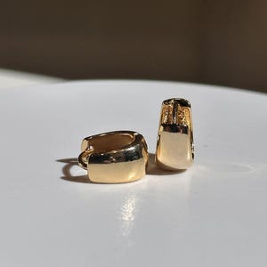 May include: Two gold-colored hoop earrings. The earrings have a rectangular shape with rounded edges and a hinged closure. The surface of the earrings is smooth and reflective, with a slight shine. The earrings are displayed on a white surface.
