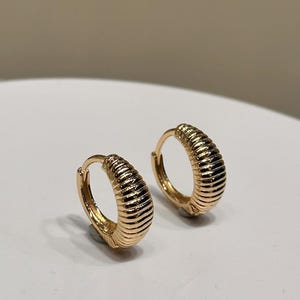 May include: A pair of gold-colored hoop earrings. Each earring has a ribbed design on the outer surface. The earrings are small and appear to be made of metal. The earrings are displayed on a white surface.