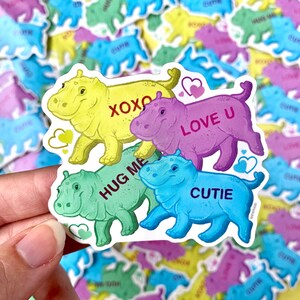 Conversation Heart Hippo Sticker || Creature Cuisine® || Animal Sticker || Food Sticker || Candy Hearts || Valentines Day Gift