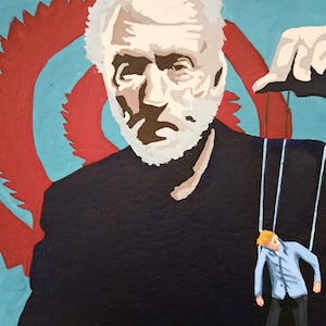 Könnte beinhalten: Ein Gemälde eines Mannes mit weißem Bart, der Fäden hält, die an zwei Figuren befestigt sind. Der Mann trägt ein dunkelblaues Hemd und die Figuren tragen blaue Hemden. Der Hintergrund ist ein roter und blauer Wirbel.
