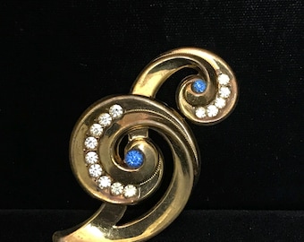 Art Deco Gold Brooch, Blue Paste Stones, Flapper Pin, c. 1925, Jaques Kreisler?