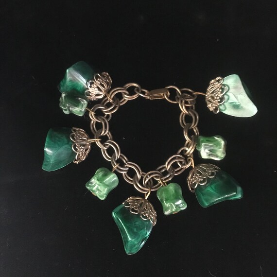 Vintage cocktail charm bracelet//faux malachite c… - image 1