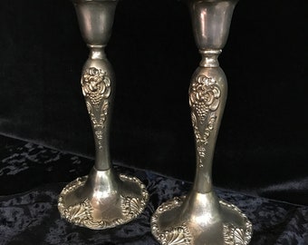 Pair tarnished silver plated candle holders 8"//Gothic candle holders//vintage Gothic candle holders//pair Victorian style candle holders