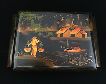 Vintage Handbemalte asiatische Lack Schmuckschatulle: Schillerndes Kupfer-Gold-Detail