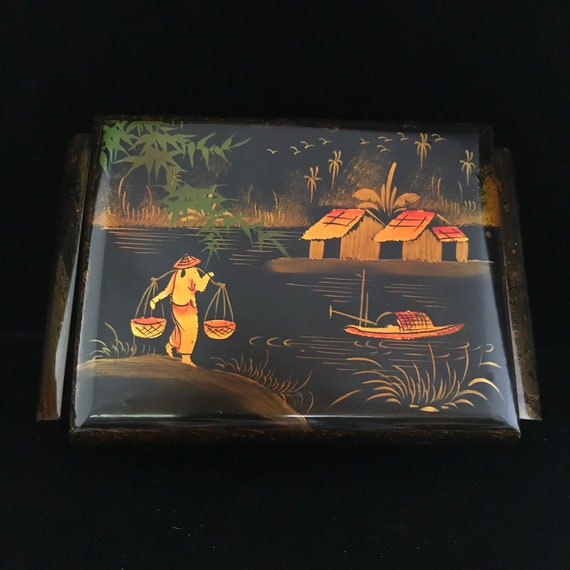Vintage Asian jewelry box//sweet small hand paint… - image 1