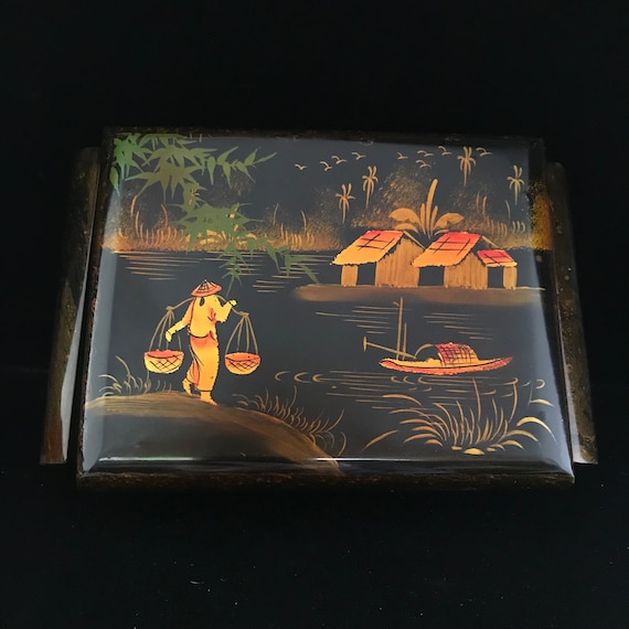 Vintage Hand Painted Asian Lacquer Jewelry Box: Iridescent Copper-Gold Detail