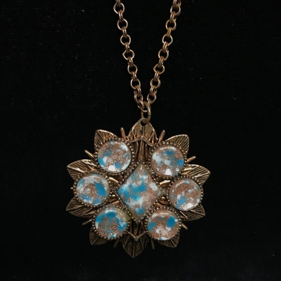 Vintage copper faux turquoise necklace//long groov