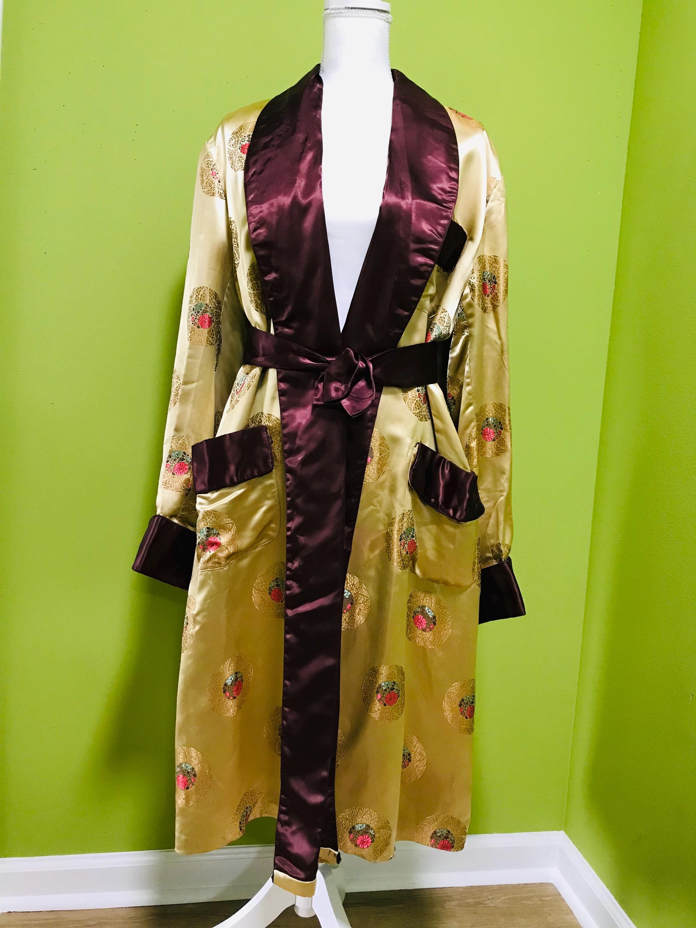 Vintage 50s Asian Satin Smoking Jacket, Long, Gold and Brown Satin