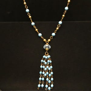 Vintage gold,faux turquoise pendant necklace//faux turquoise tassel necklace//long faux turquoise 50s necklace//50s faux aquamarine necklace