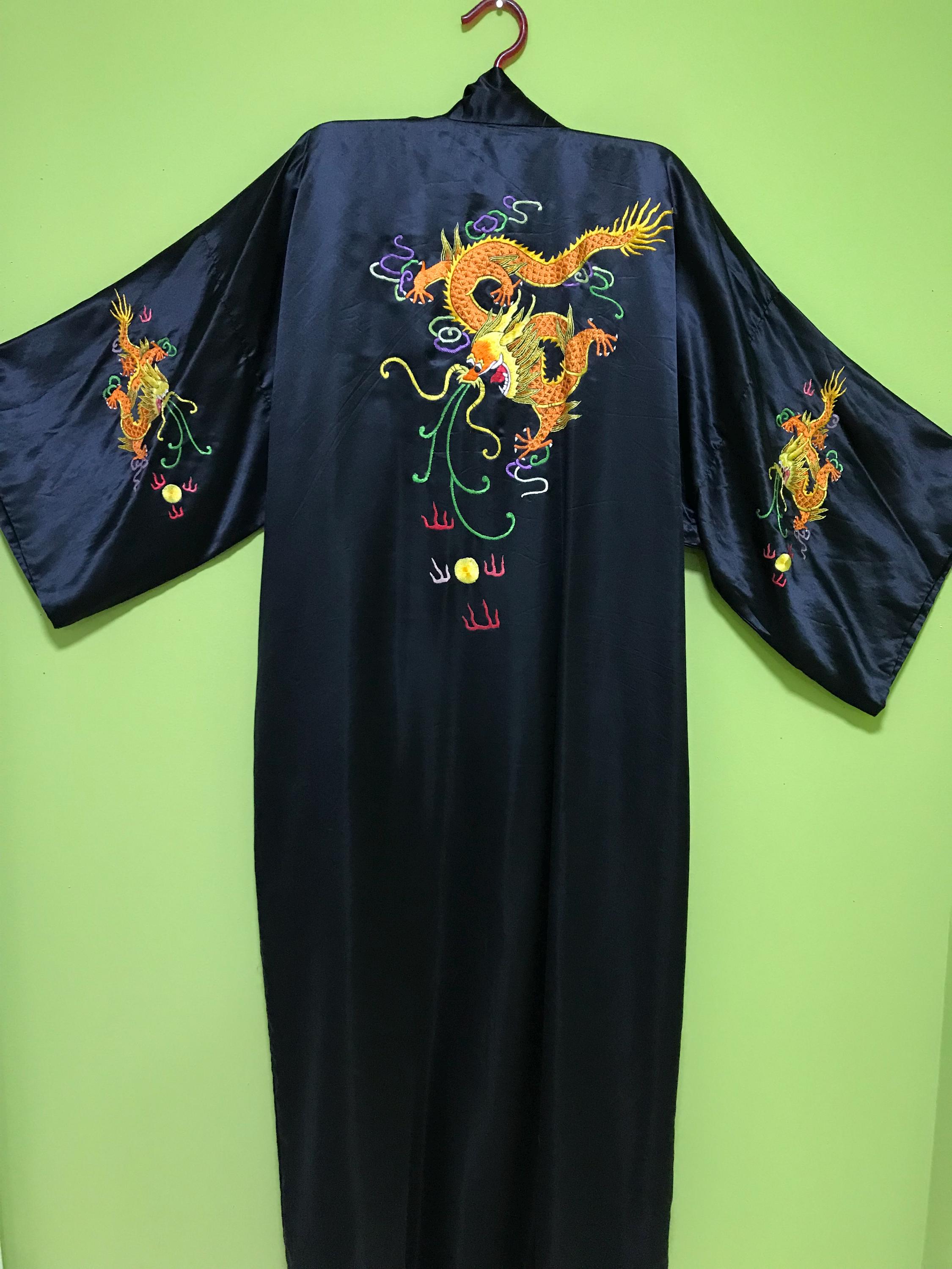 Dragon Theme Robe Vintage Embroidered Dragons on Black Silk Satin Chinese Robe, Long ...