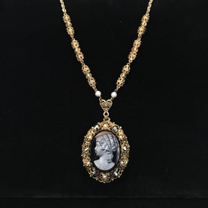 Large Neiger black cameo necklace//Victorian revival cameo//antique black glass cameo filigree necklace//vintage carved black glass necklace