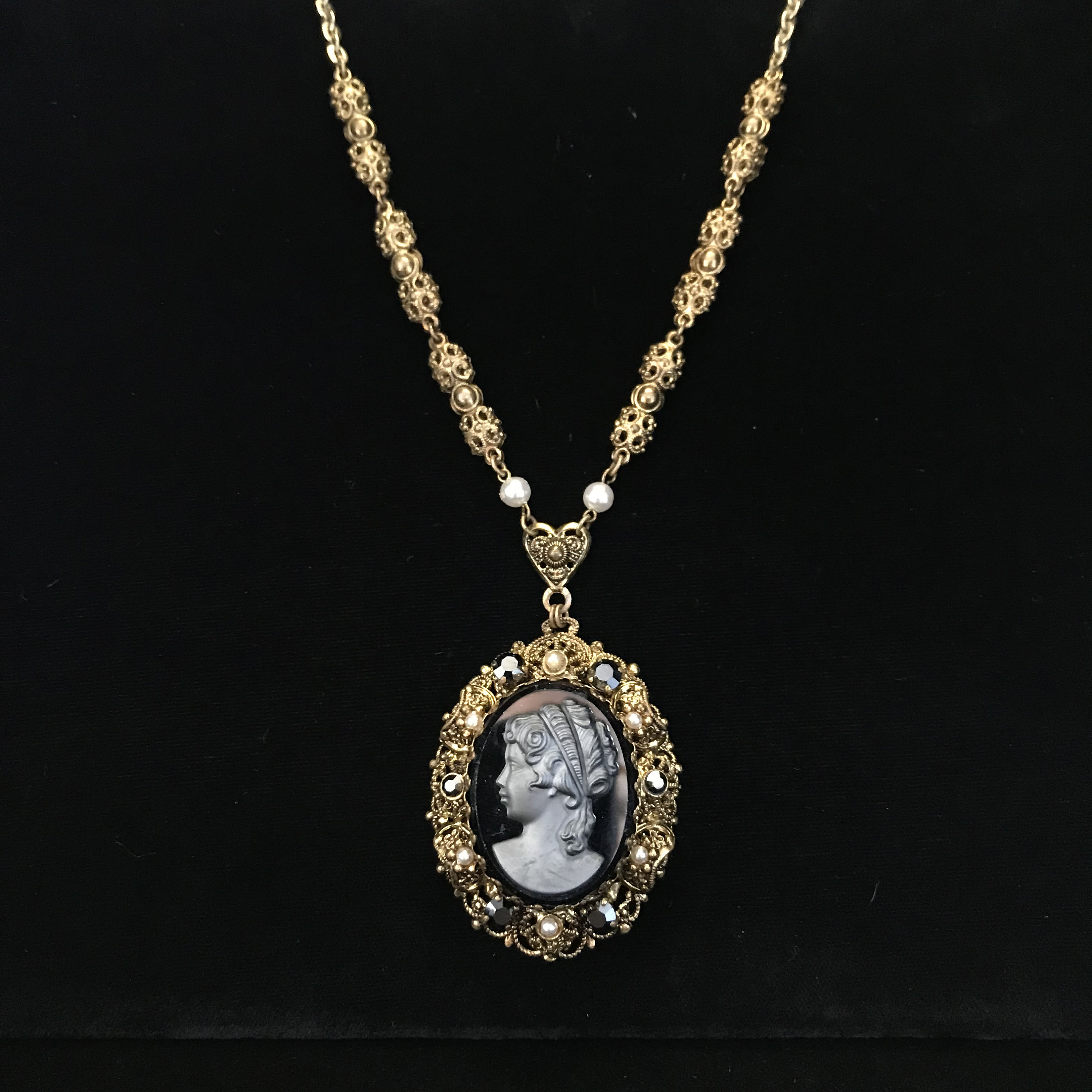 Victorian Revival Cameo Necklace: Black Glass, Rhinestone Filigree