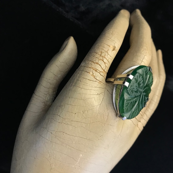 Vintage Art Deco green cut glass, sterling ring//… - image 9