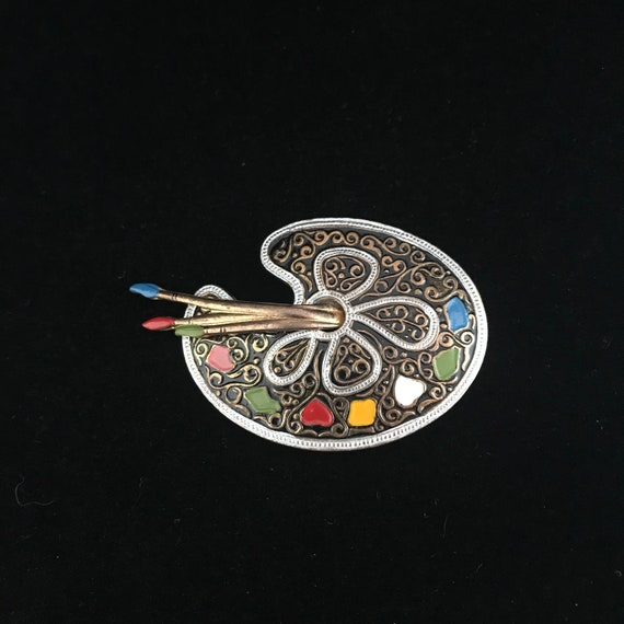 Vintage Damascene paint palette brooch//Spanish damas… Gem