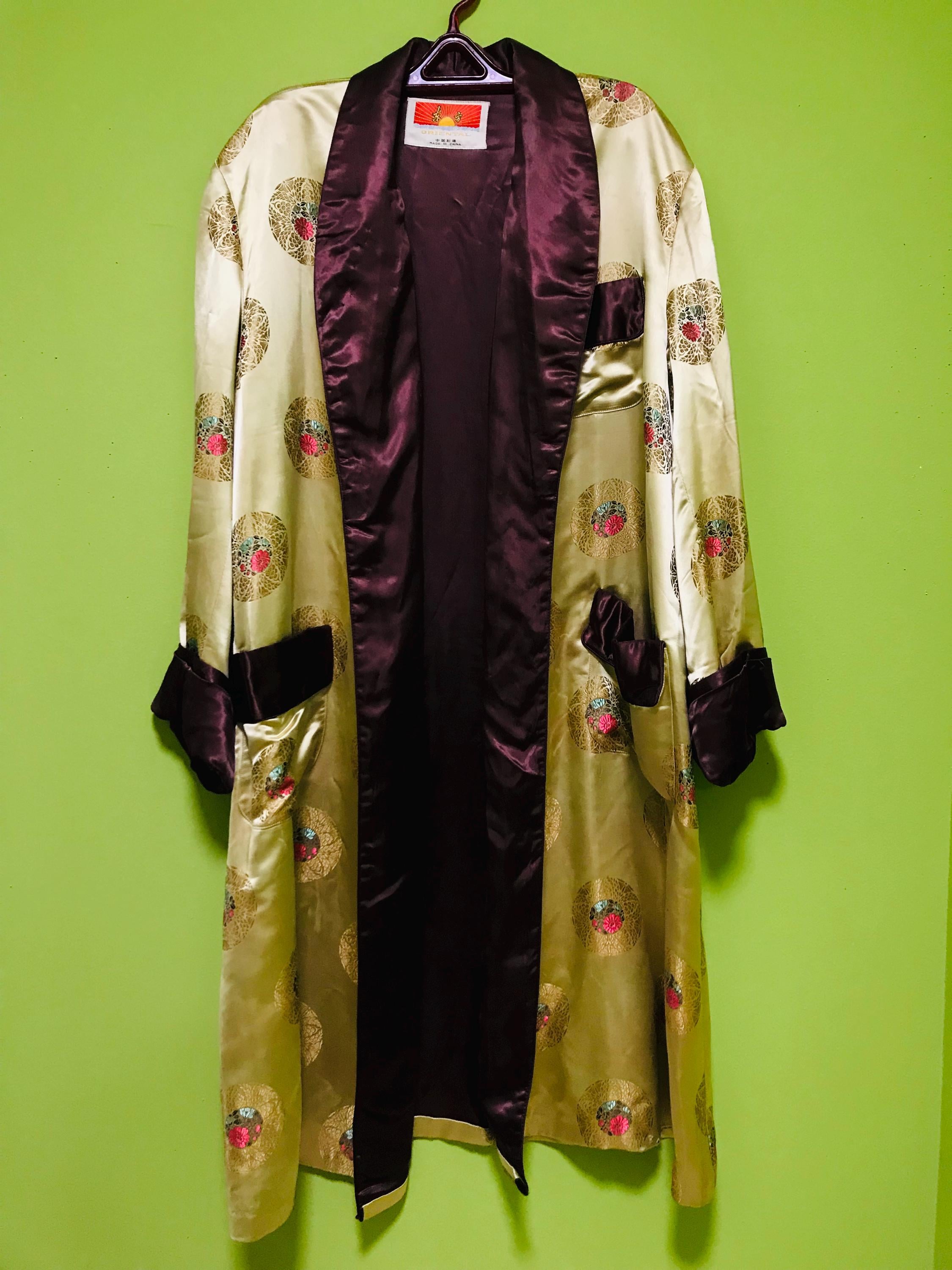 Vintage 50s Asian Satin Smoking Jacket, Long, Gold and Brown Satin