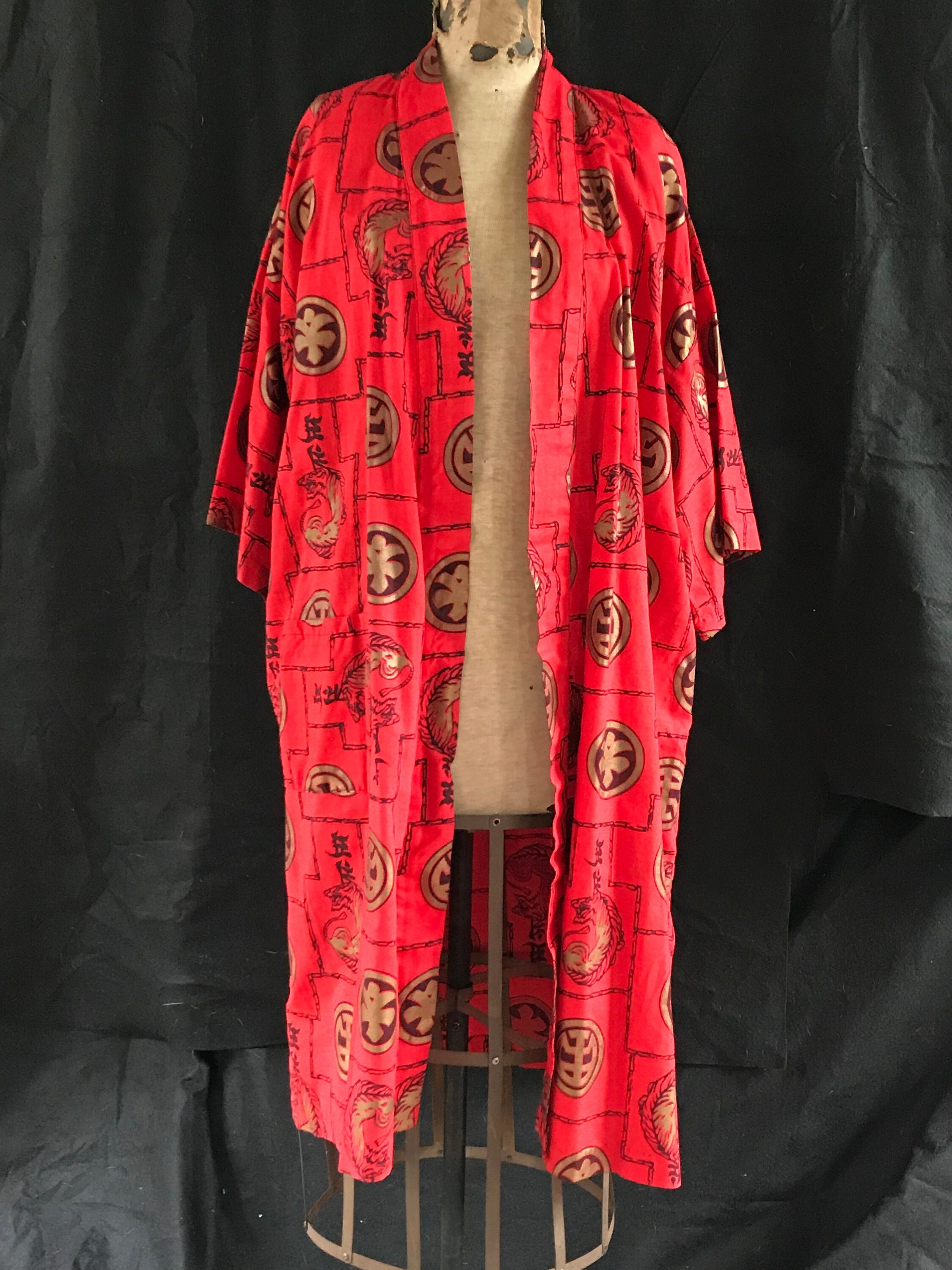 60s Vintage Chinese Cotton Robe M-L: Metallic Tiger Print