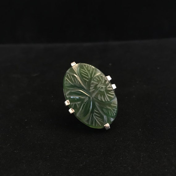 Vintage Art Deco green cut glass, sterling ring//… - image 7