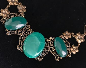 Pulsera de cristal verde jade Art Nouveau: puño de filigrana Belle Epoque (7 pulgadas)