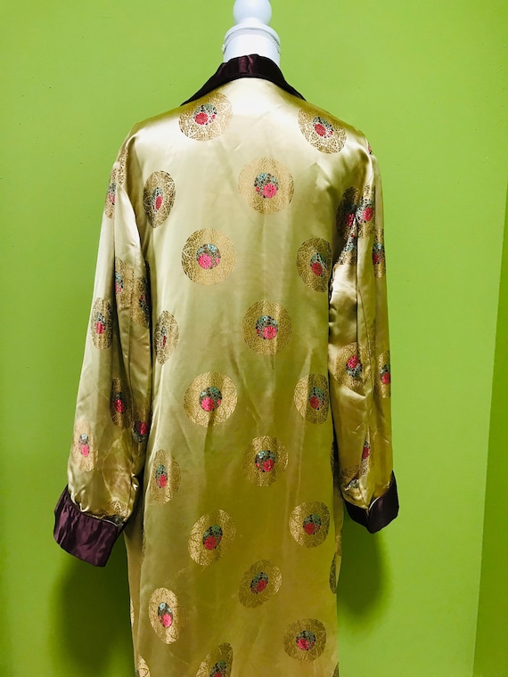 Vintage 50s Asian Satin Smoking Jacket, Long, Gold and Brown Satin