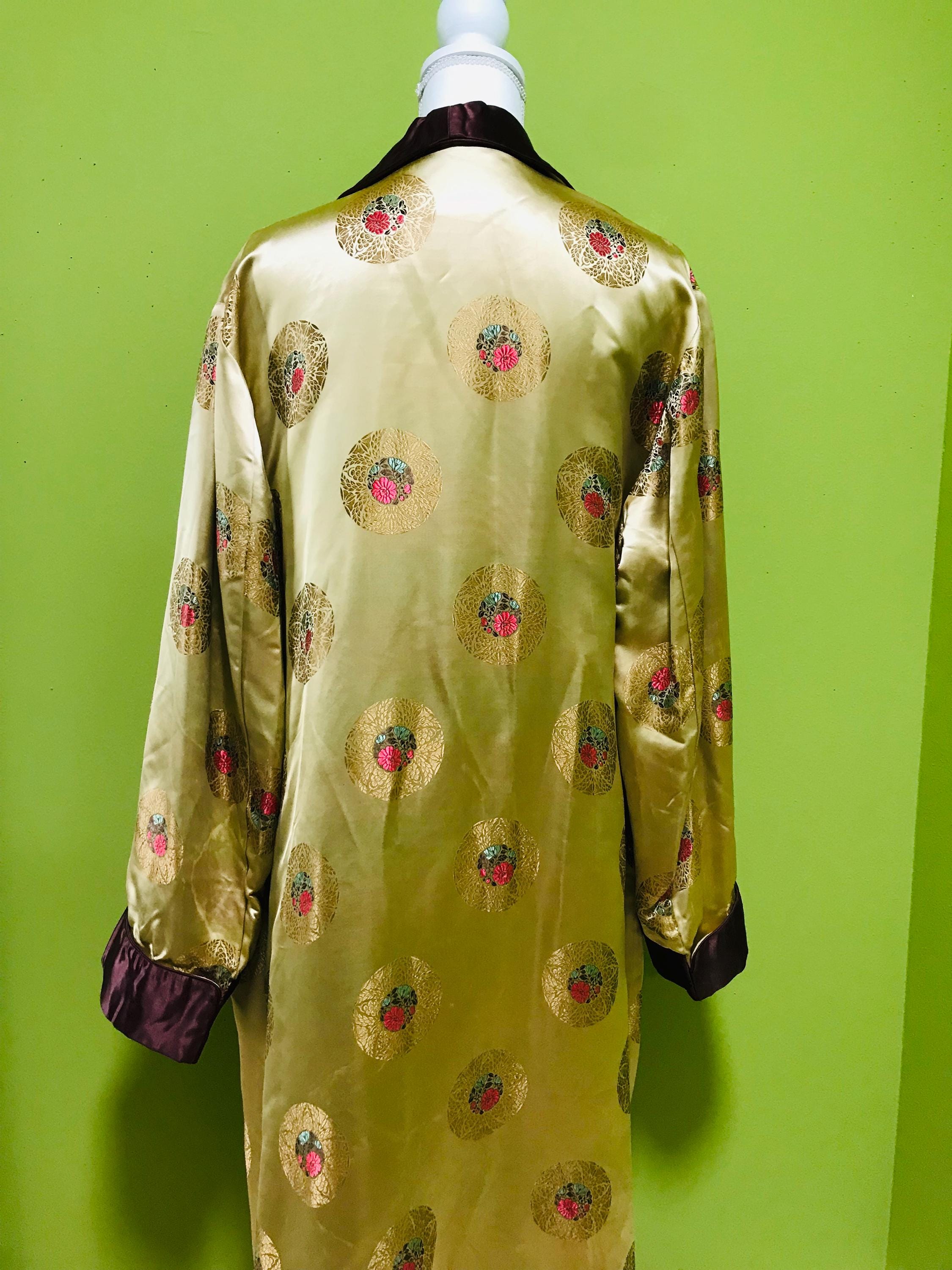 Vintage 50s Asian Satin Smoking Jacket, Long, Gold and Brown Satin