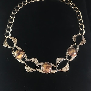 Vintage gold tone choker w/faux brown agate cabochons//c. 1950//collar style//gold filigree vintage choker//vintage gold tone necklace