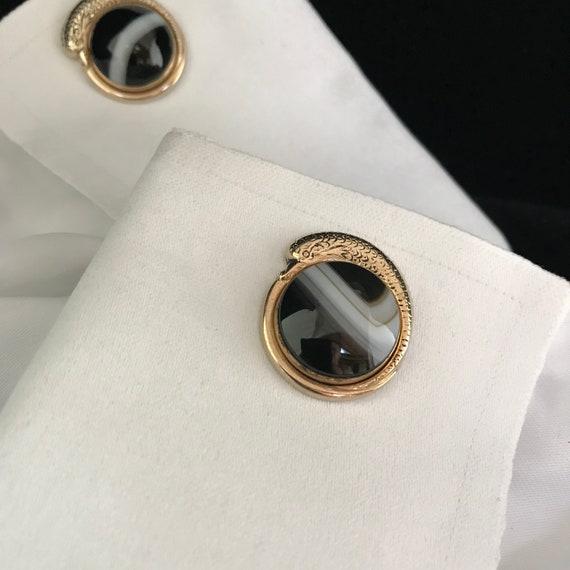 Gold with black & white agate dolphin cuff links/… - image 7