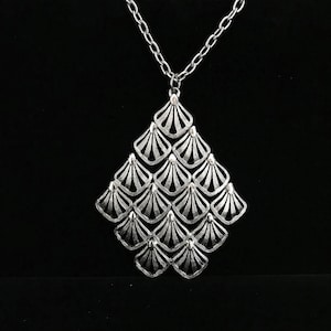 Vintage Brutalist Silver Tone Pendant Necklace: 1960s Geometric Medallion