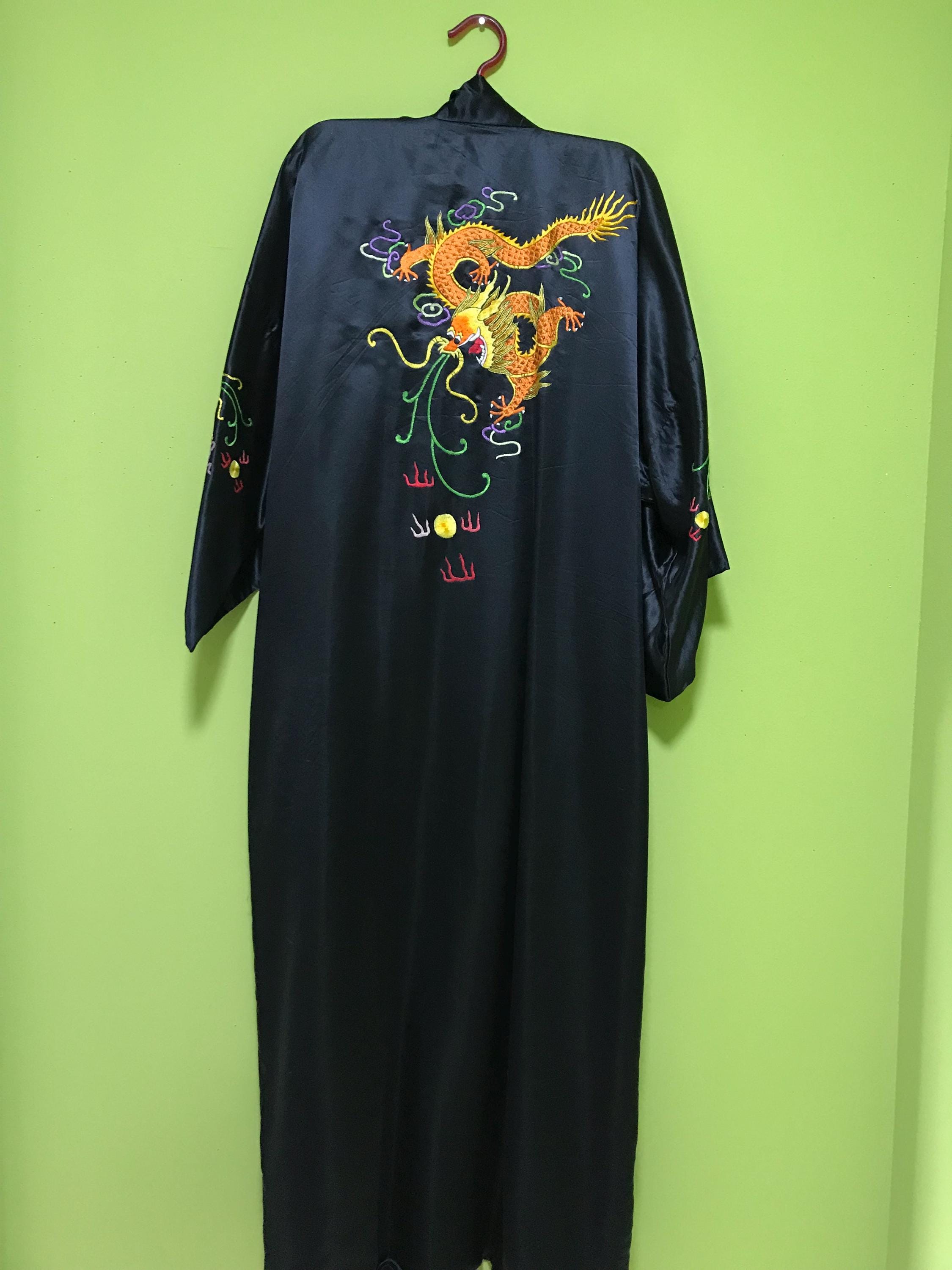 Dragon Theme Robe Vintage Embroidered Dragons on Black Silk Satin Chinese Robe, Long ...