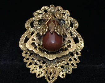 Vintage Faux Carnelian and Filigree Dress Clip, Neiger Bros. Style