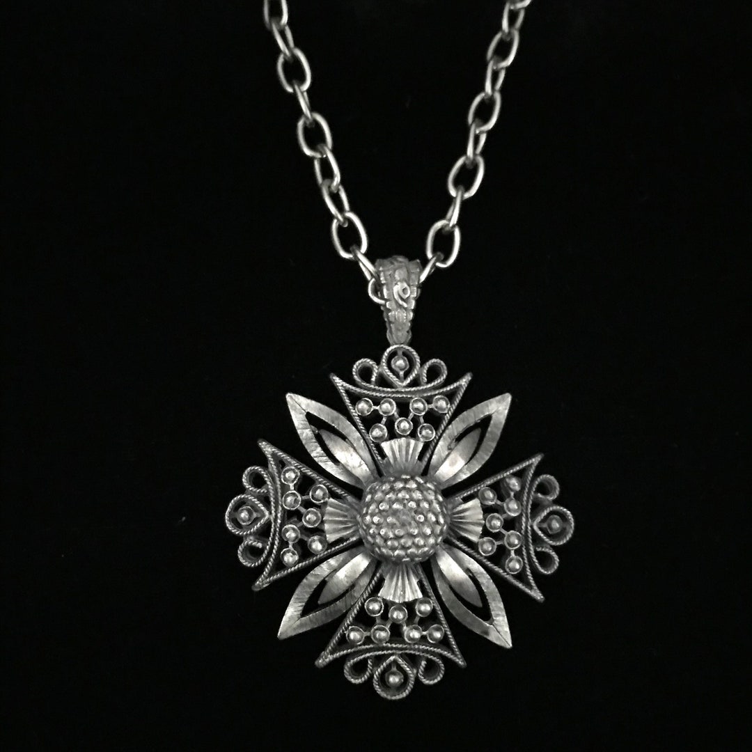 Vintage Maltese Cross Medallion Necklace: 1970s Silver Tone Pendant - Etsy