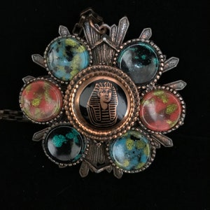 Vintage 70s Egyptian Revival Necklace: King Tut Pendant, 30&quot; Chain