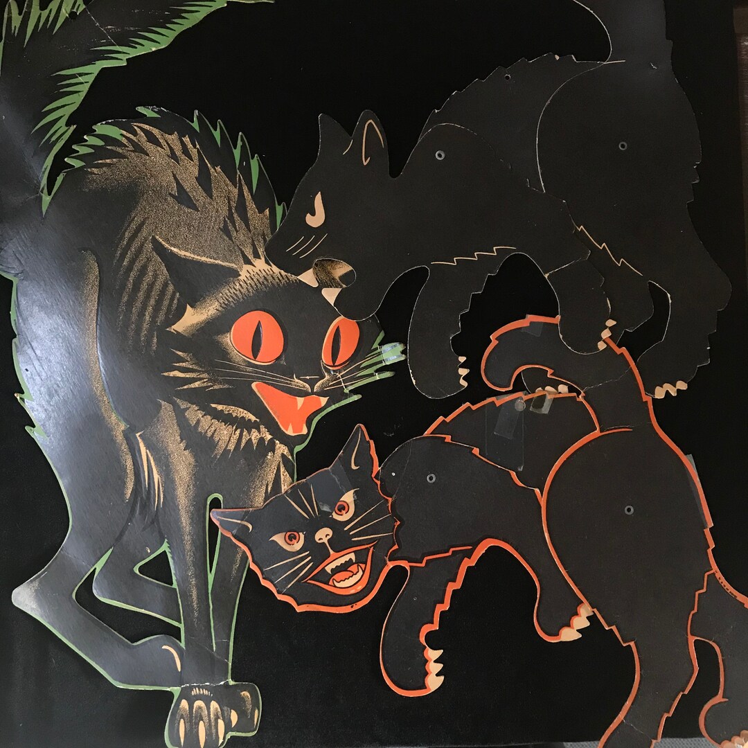 3 Vintage Black Cat Halloween Decorations Worn//large Vintage Etsy