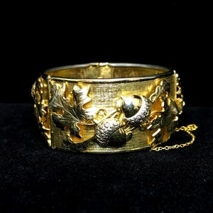 Victorian Revival Gold Plated Acorn Leaf Bangle Cuff Bracelet, Whiting & Davis