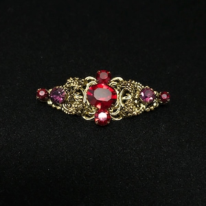 Vintage Czech Glass Brooch: Ruby Red Paste, Gold Filigree, Victorian Style